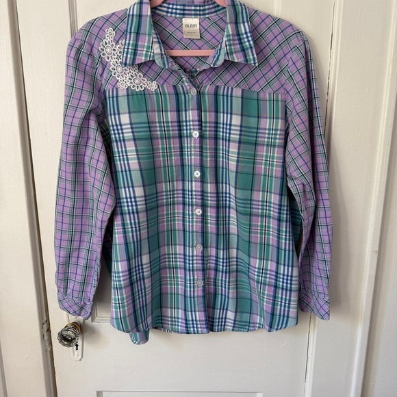 Blair Tops - Blair Cotton Pastel Plaid Flannel Shirt with Lace Accent Size L
